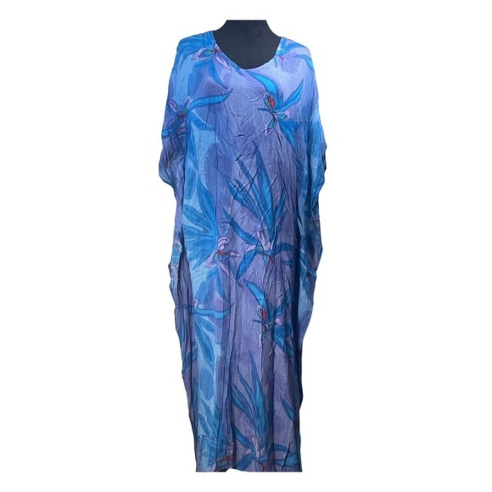 Original Anthony‎ Missy Blue Purple Tropical Floral Rayon Kaftan Maxi Dress